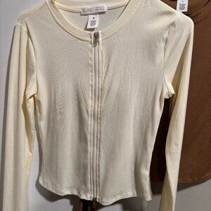 Planet Gold Juniors' Double-Zip Long-Sleeve Ribbed Top Ivory SZ: M